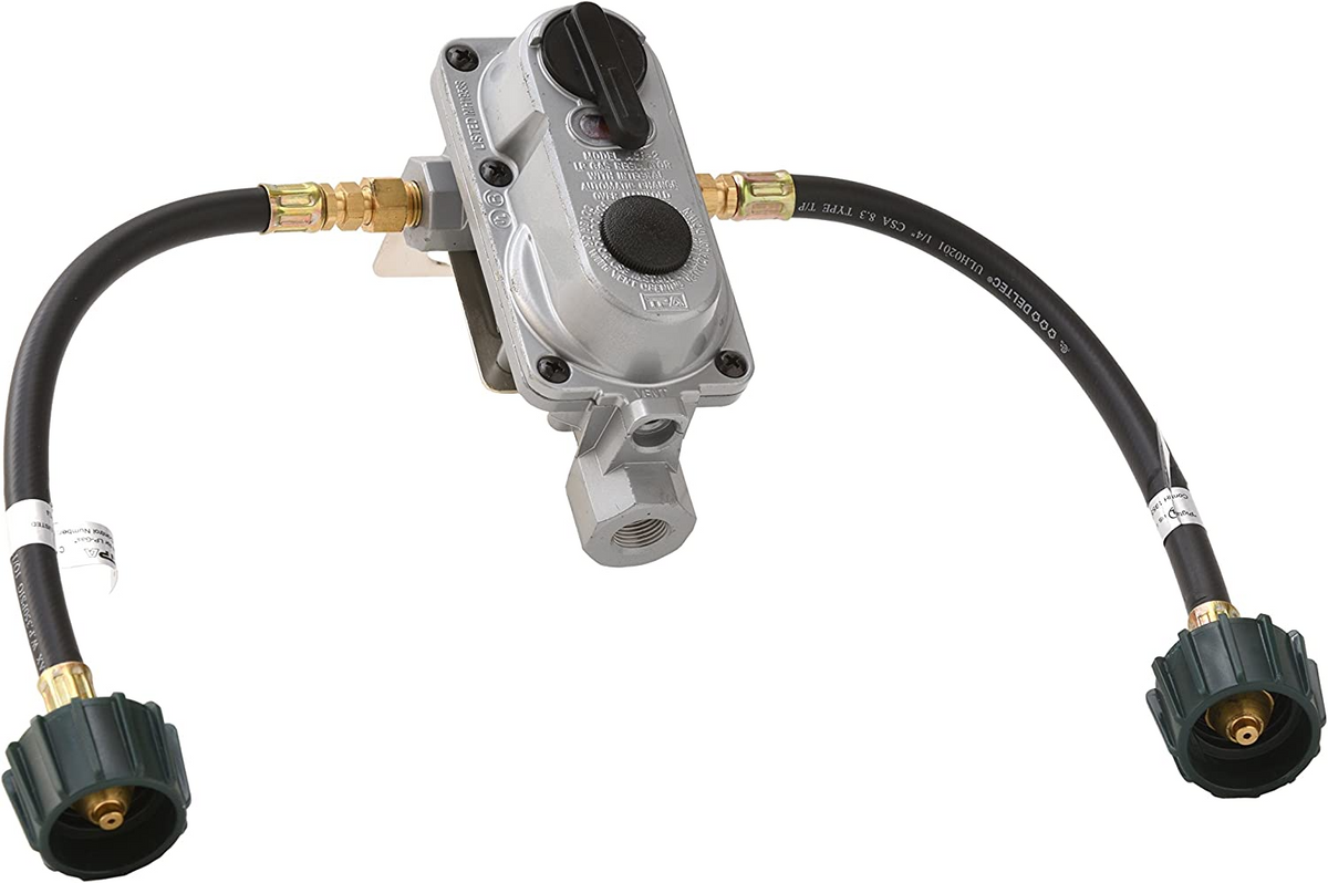 Flame King 2-Stage Auto Changeover LP Propane Gas Regulator with Two 12 Inch Pigtails for RVs, Vans, Trailers, Silver, QCC Dual Tank Regulator 12 Inch Pigtails